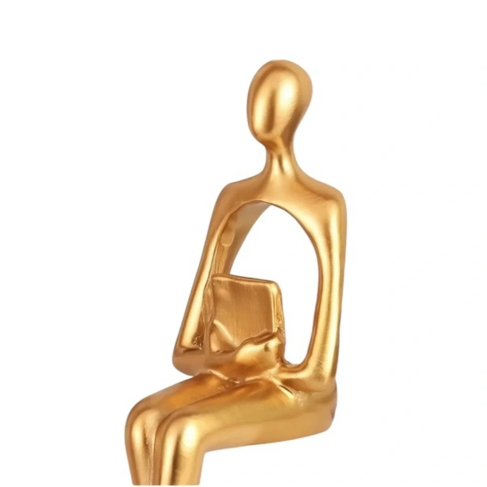 Abstract Modern Statue Figurine Gold Tone Shelf Sitter Woman Reader Holding Book